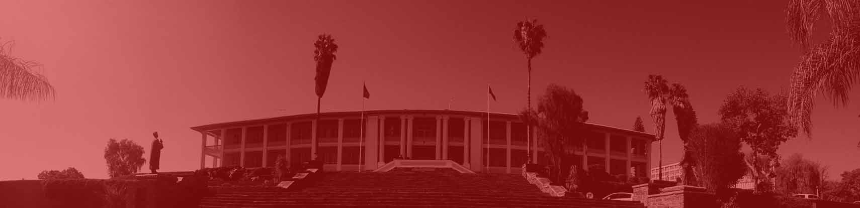 Red-toned silhouette of a grand columned building with palm trees and flags against a dramatic sky