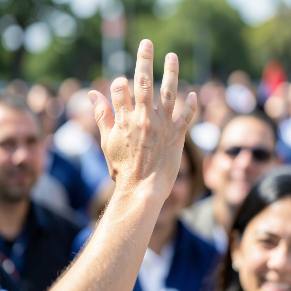 A close-up of a raised hand during a public gathering, with a crowd softly blurred in the background under natural daylight