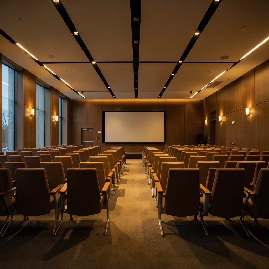 A wide-angle view of a modern conference hall with rows of seating, bathed in warm amber lighting and deep shadows